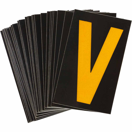 Product image for Brady 5000-V 5000 Series Reflective Number and Letter Labels, 2.875" H x 1.75" W, Pack of 25 Labels, Yellow on Black, V