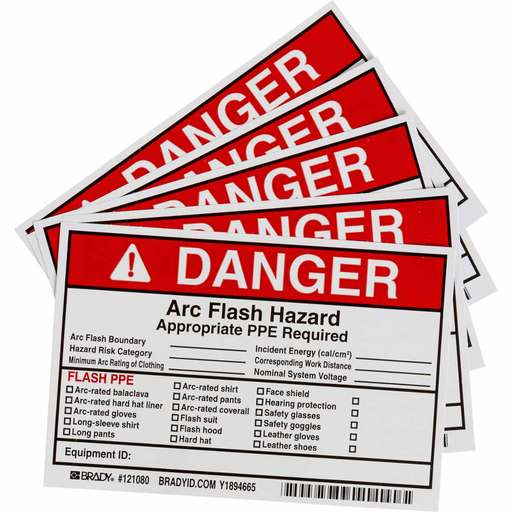 Product image for Brady 122976 Arc Flash Labels - Adhesive Vinyl, 4" H x 6" W x 0.004" D, Pack of 5 Labels, Black/Red on White