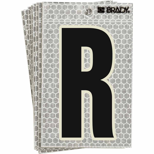 Product image for Brady 3010-R 3010 Series Glow in the Dark Number and Letter Labels, Black/Green Glow on Silver, Pack of 10 Labels, R