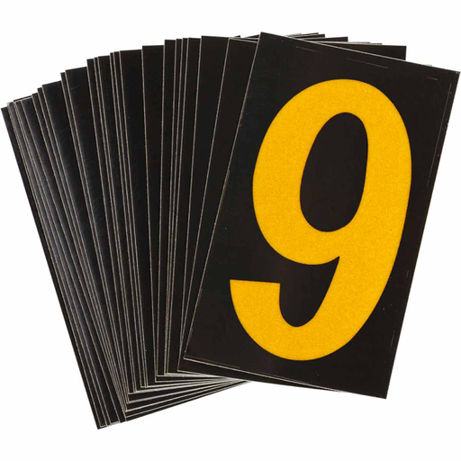 Product image for Brady 5000-9 5000 Series Reflective Number and Letter Labels, 2.875" H x 1.75" W, Pack of 25 Labels, Yellow on Black, 9