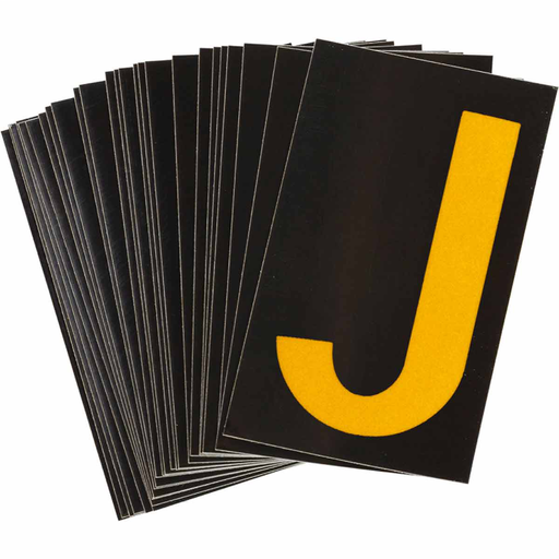 Product image for Brady 5000-J 5000 Series Reflective Number and Letter Labels, 2.875" H x 1.75" W, Pack of 25 Labels, Yellow on Black, J