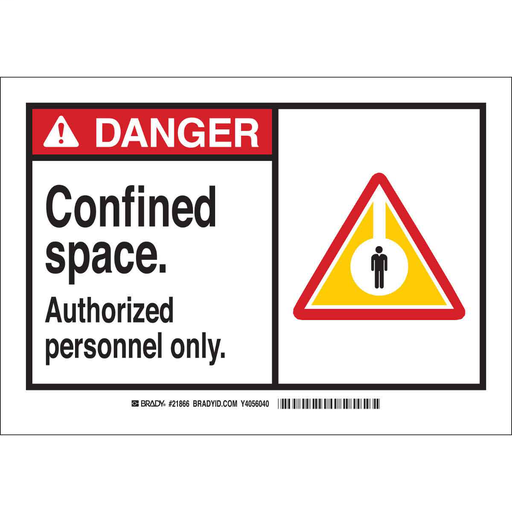 Product image for Brady 46579 DANGER Confined Space. Authorized Personnel Only. Sign, 7" H x 10" W x 0.035" D, Aluminum, Black/Red/Yellow on White