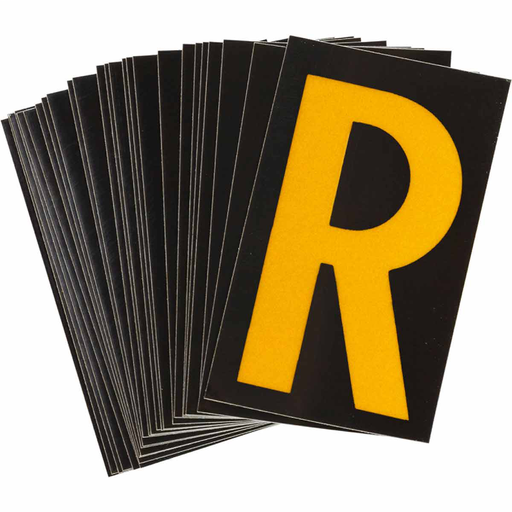 Product image for Brady 5000-R 5000 Series Reflective Number and Letter Labels, 2.875" H x 1.75" W, Pack of 25 Labels, Yellow on Black, R