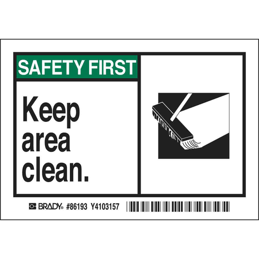 Product image for Brady 86193 SAFETY FIRST KEEP AREA CLEAN Labels, 3.5" H x 0.006" D, Black/Green on White