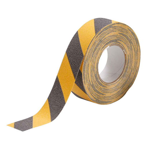 Product image for Brady 78147 Anti-Skid Tape Roll - Grit-Coated Polyester, Diagonal Stripes, Black on Yellow, 2" x 60'