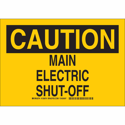 Product image for Brady 126976 CAUTION Main Electric Shut-Off Sign, 10" H x 14" W x 0.06" D, Polystyrene