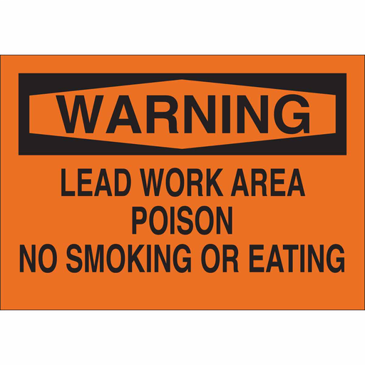 Product image for Brady 43318 WARNING Lead Work Area Poison No Smoking Or Eating Sign, 10" H x 14" W x 0.035" D, Aluminum, Black on Orange