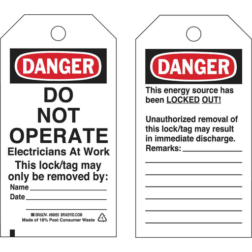 Product image for Brady 65504 Lockout Tags: DANGER: DO NOT OPERATE ELECTRICIANS AT WORK. THIS LOCK/TAG MAY ONLY BE REMOVED BY: N? 5.75" H x 3" W, Black/Red on White