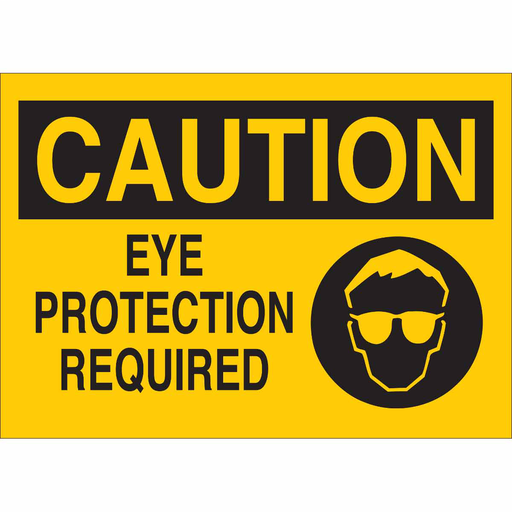 Product image for Brady 43469 CAUTION Eye Protection Required w/ Pictogram Sign, 10" H x 14" W x 0.035" D, Aluminum