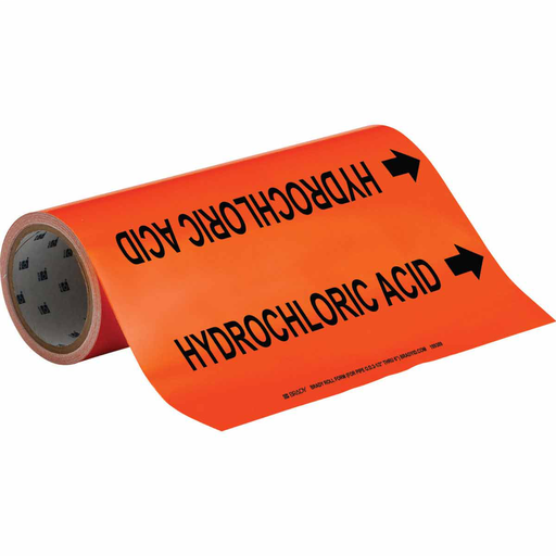 Product image for Brady 109309 HYDROCHLORIC ACID Pipe Marker, 30' H x 12" W, Roll of 30', Fits Pipes 2.5" Dia. Thru 6" Dia.