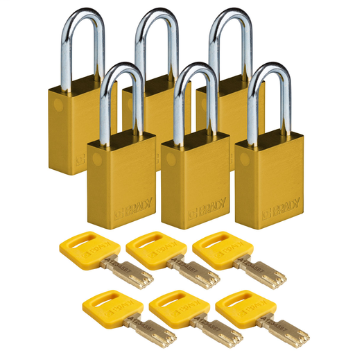 Product image for Brady ALU-YLW-38ST-KD6PK Brady SafeKey Lockout Padlock Aluminum Ylw 1.5" Steel Shkl Keyed Different 6 Pk