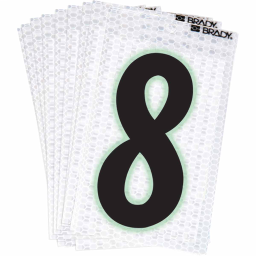 Product image for Brady 3000-8 3000 Series Glow in the Dark Number and Letter Labels, Black/Green Glow on Silver, Pack of 10 Labels, 8