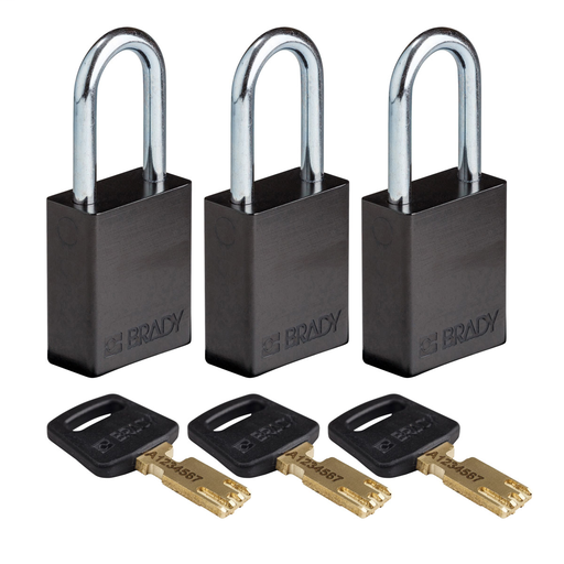 Product image for Brady ALU-BLK-38ST-KA3PK Brady SafeKey Lockout Padlock Aluminum Black 1.5" Steel Shkl Keyed Alike 3 Pk
