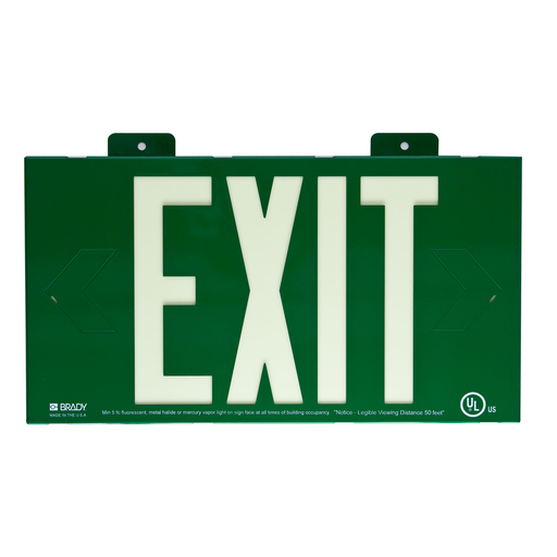 Product image for Brady 90887B BradyGlo Exit Sign, 8.25" H x 15.25" W x 0.25" D, Glow on Green