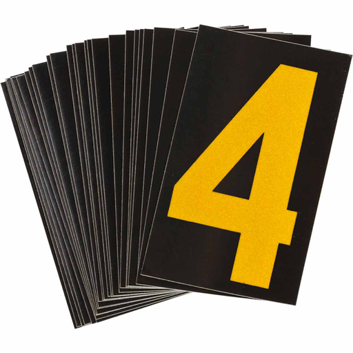 Product image for Brady 5000-4 5000 Series Reflective Number and Letter Labels, 2.875" H x 1.75" W, Pack of 25 Labels, Yellow on Black, 4