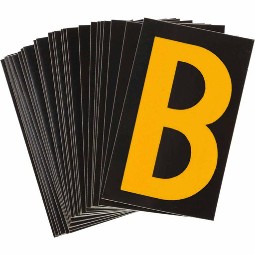Product image for Brady 5000-B 5000 Series Reflective Number and Letter Labels, 2.875" H x 1.75" W, Pack of 25 Labels, Yellow on Black, B