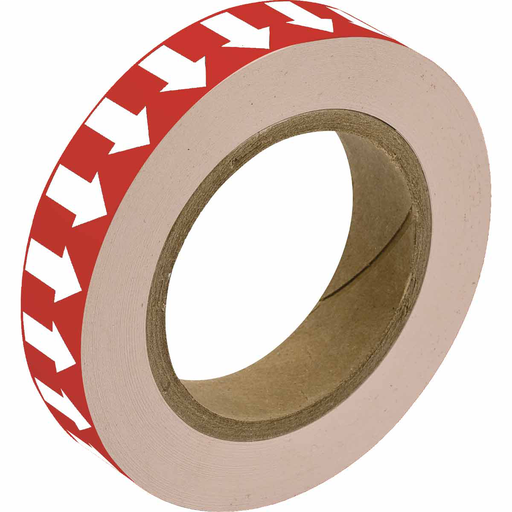Directional Flow Arrow Tape for Pipe Marking - Roll Form, Vinyl, White on Red, 1" x 30 Yd