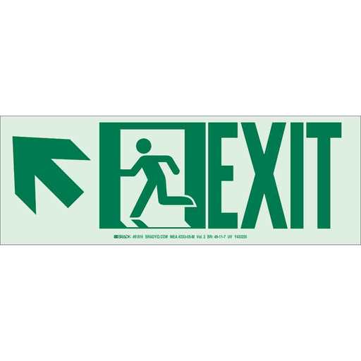 Product image for Brady 81814 BradyGlo Exit Sign With Running Man, 5" H x 14" W x 0.0096" D, Arrow Direction: Diagonal Up/Left