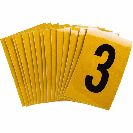 Product image for Brady 5920-3 5920 Reflective Number and Letter Labels, 1.5" H x 1" W, Pack of 25 Labels, Black on Yellow, 3
