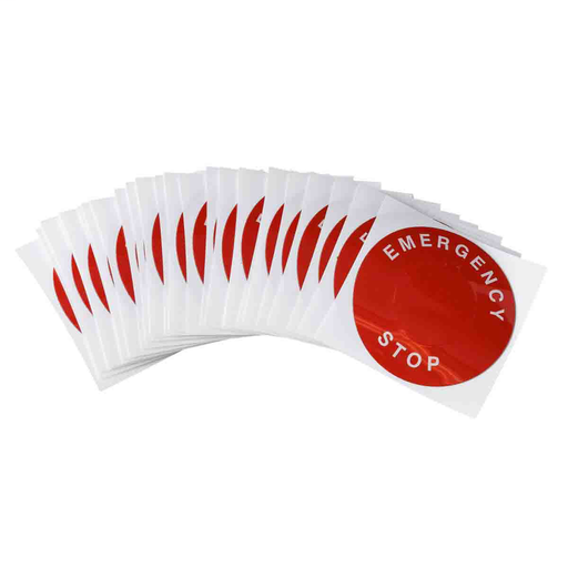 Product image for Brady THTEP-196-593RD EMERGENCY STOP Raised Panel Labels, 2.36" Dia, White on Red