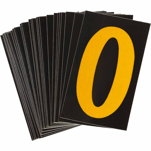 Product image for Brady 5000-O 5000 Series Reflective Number and Letter Labels, 2.875" H x 1.75" W, Pack of 25 Labels, Yellow on Black, O