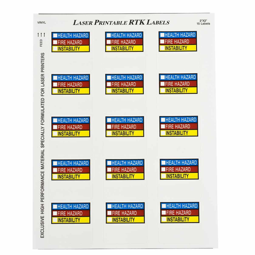 Laser Printable Vinyl Right-to-Know Label Blanks, 2" H x 2" W, Pack of 25 Sheets, 15 Labels, Black/Blue/Red/Yellow on White