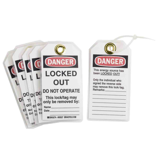 Product image for Brady 65535 Lockout Tags: DO NOT OPERATE This lock/tag may only be removed by: Name: Date:, Includes (25) Nylon Fasteners