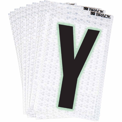Product image for Brady 3000-Y 3000 Series Glow in the Dark Number and Letter Labels, Black/Green Glow on Silver, Pack of 10 Labels, Y