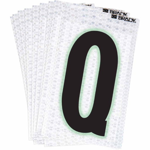 Product image for Brady 3000-Q 3000 Series Glow in the Dark Number and Letter Labels, Black/Green Glow on Silver, Pack of 10 Labels, Q
