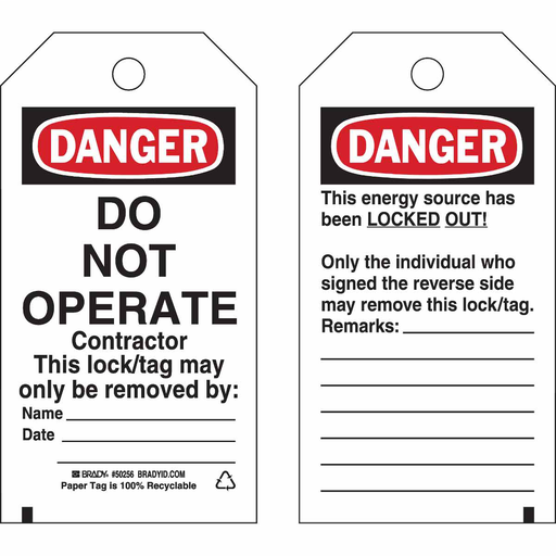 Product image for Brady 50256 Lockout Tags: DANGER: DO NOT OPERATE Contractor This Lock/Tag May Only Be Removed By Name__Date__?