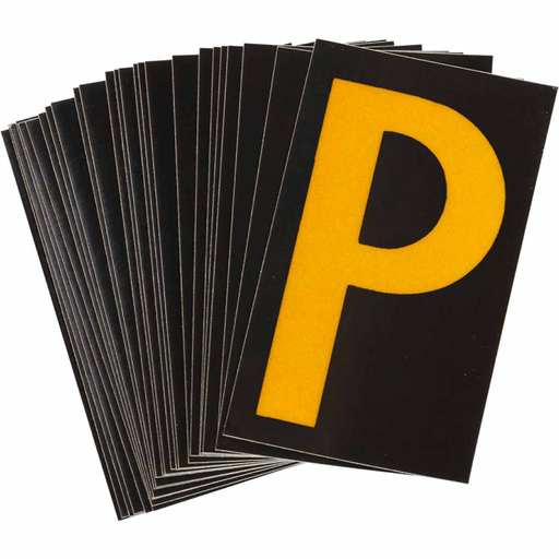 Product image for Brady 5000-P 5000 Series Reflective Number and Letter Labels, 2.875" H x 1.75" W, Pack of 25 Labels, Yellow on Black, P