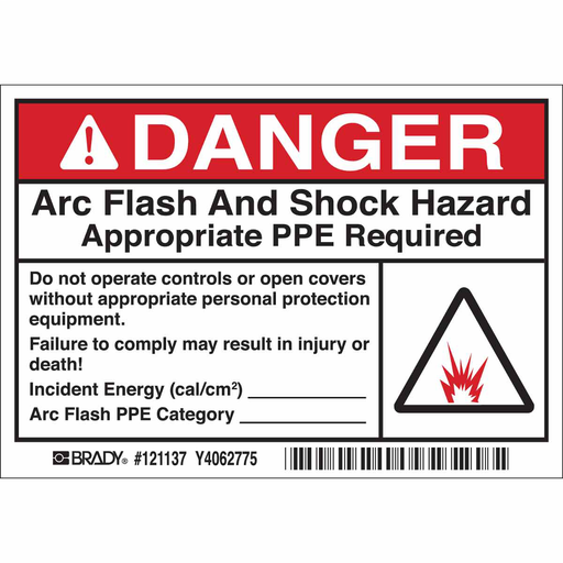 Product image for Brady 121137 Arc Flash Labels - Adhesive Vinyl, 3.5" H x 5" W x 0.004" D, Roll of 100 Labels, Black/Red/White on White