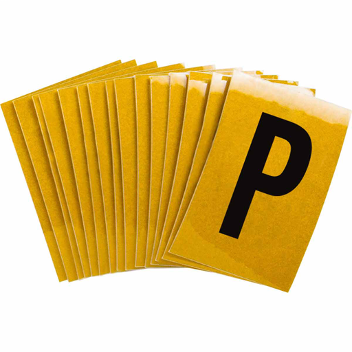Product image for Brady 5920-P 5920 Reflective Number and Letter Labels, 1.5" H x 1" W, Pack of 25 Labels, Black on Yellow, P