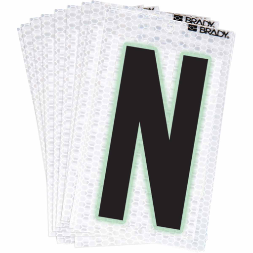 Product image for Brady 3000-N 3000 Series Glow in the Dark Number and Letter Labels, Black/Green Glow on Silver, Pack of 10 Labels, N