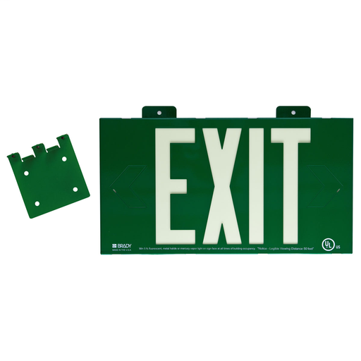Product image for Brady 90842B BradyGlo Exit Sign, 8.25" H x 15.25" W x 0.25" D, Double Faced Sign w/Bracket, Glow on Green
