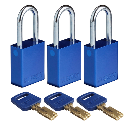 Product image for Brady ALU-BLU-38ST-KA3PK Brady SafeKey Lockout Padlock Aluminum Blue 1.5" Steel Shkl Keyed Alike 3 Pk