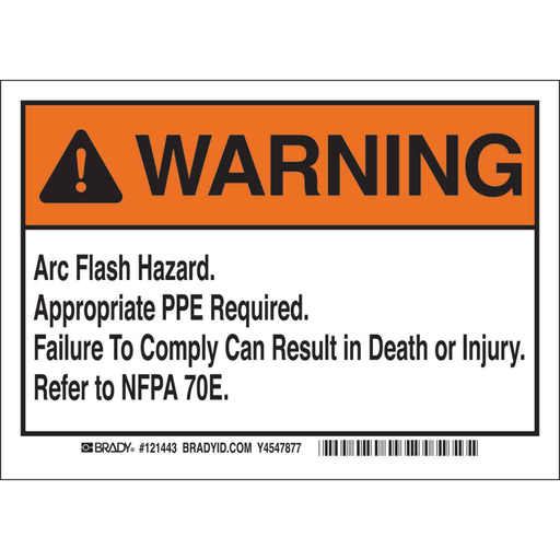 Product image for Brady 121443 Arc Flash Labels, Refer to NFPA 70E - Adhesive Vinyl, 5" H x 7" W x 0.004" D, Pack of 5 Labels, Black/Orange on White