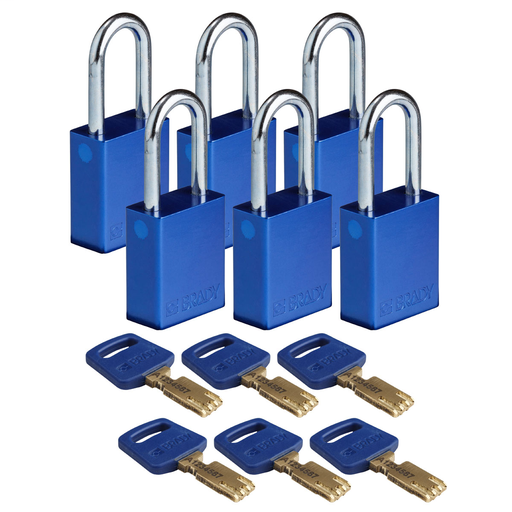 Product image for Brady ALU-BLU-38ST-KD6PK Brady SafeKey Lockout Padlock Aluminum Blu 1.5" Steel Shkl Keyed Different 6 Pk