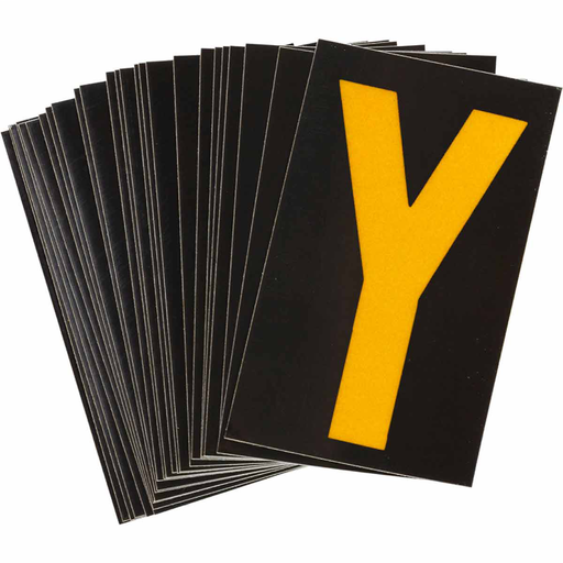 Product image for Brady 5000-Y 5000 Series Reflective Number and Letter Labels, 2.875" H x 1.75" W, Pack of 25 Labels, Yellow on Black, Y