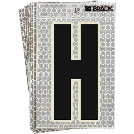 Product image for Brady 3020-H 3020 Series Glow in the Dark Number and Letter Labels, Black/Green Glow on Silver, Pack of 10 Labels, H