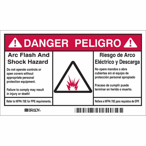Product image for Brady 101955 Arc Flash Labels - Self-Sticking Polyester, English/Spanish Bilingual, Pack of 5 Labels, Black/Red on White