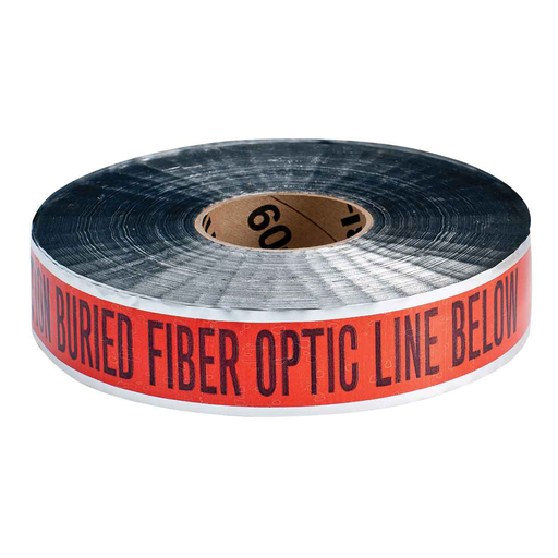 Product image for Brady 91606 Identoline Underground Tape Roll - Polyester-Encased Aluminum Foil, CAUTION BURIED FIBER OPTIC LINE BELOW, Black on Orange, 2" x 1000'