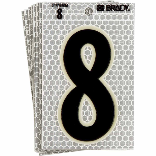 Product image for Brady 3020-8 3020 Series Glow in the Dark Number and Letter Labels, Black/Green Glow on Silver, Pack of 10 Labels, 8