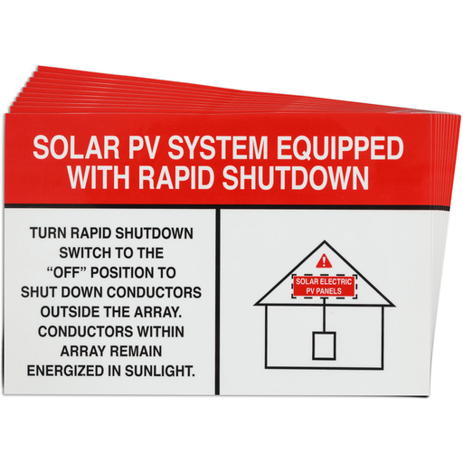 Product image for Brady 149864 Pre-Printed SOLAR WHT/RED RPD SHUTDOWN Warning Labels, 4"x6" Vinyl, 25Pk