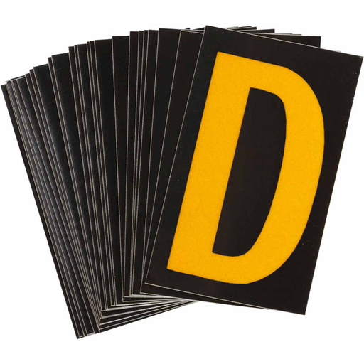 Product image for Brady 5000-D 5000 Series Reflective Number and Letter Labels, 2.875" H x 1.75" W, Pack of 25 Labels, Yellow on Black, D