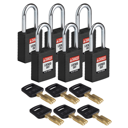 Product image for Brady NYL-BLK-38ST-KA6PK Brady SafeKey Lockout Padlock Nylon Black 1.5" Steel Shkl Keyed Alike 6 Pk