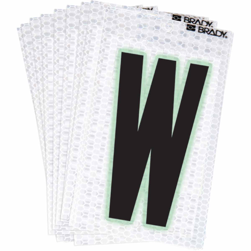 Product image for Brady 3000-W 3000 Series Glow in the Dark Number and Letter Labels, Black/Green Glow on Silver, Pack of 10 Labels, W