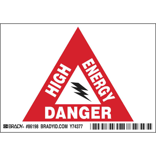 Product image for Brady 86198 HIGH ENERGY DANGER Labels, 3.5" H x 5" W x 0.006" D, Black/Red on White