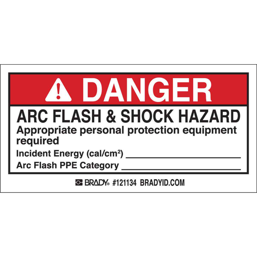 Product image for Brady 121134 Arc Flash Labels - Adhesive Vinyl, 2" H x 4" W x 0.004" D, Roll of 100 Labels, Black/Red on White