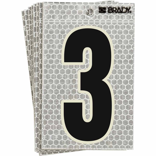 Product image for Brady 3020-3 3020 Series Glow in the Dark Number and Letter Labels, Black/Green Glow on Silver, Pack of 10 Labels, 3